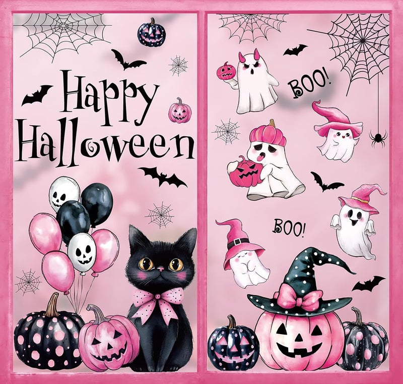 Whaline 6 Sheets Happy Halloween Window Clings Pink-Black Boo Ghost Pumpkin Spider Web Cat Reusable Window Decals for Home Classroom Office Glass Decor Party Supplies - Image 1